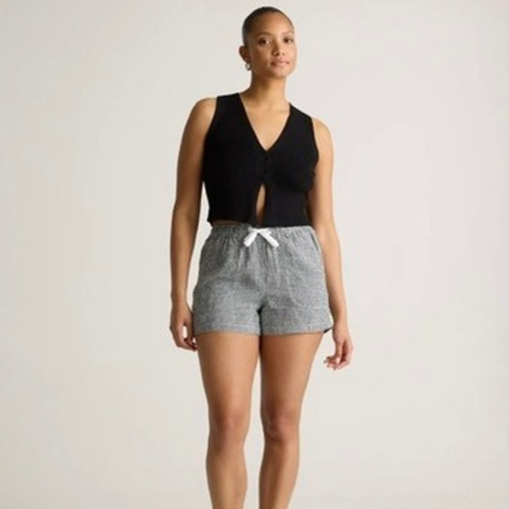 Quince 100% european linen shorts Gingham Black White Drawstring Elastic Waist